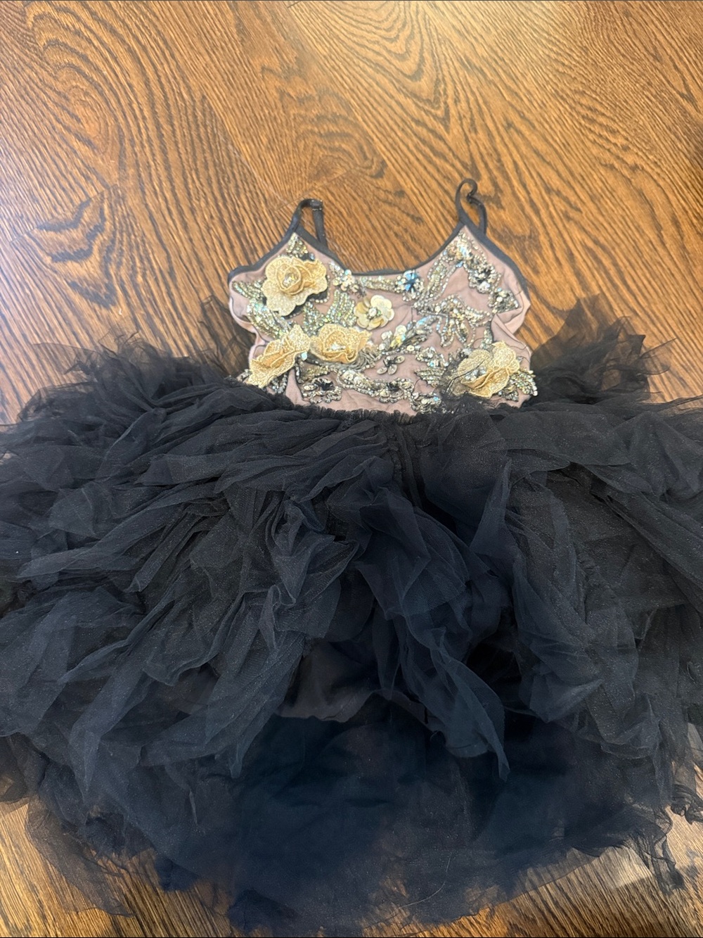 Black Tulle Floral Applique Dance Costume for Kids